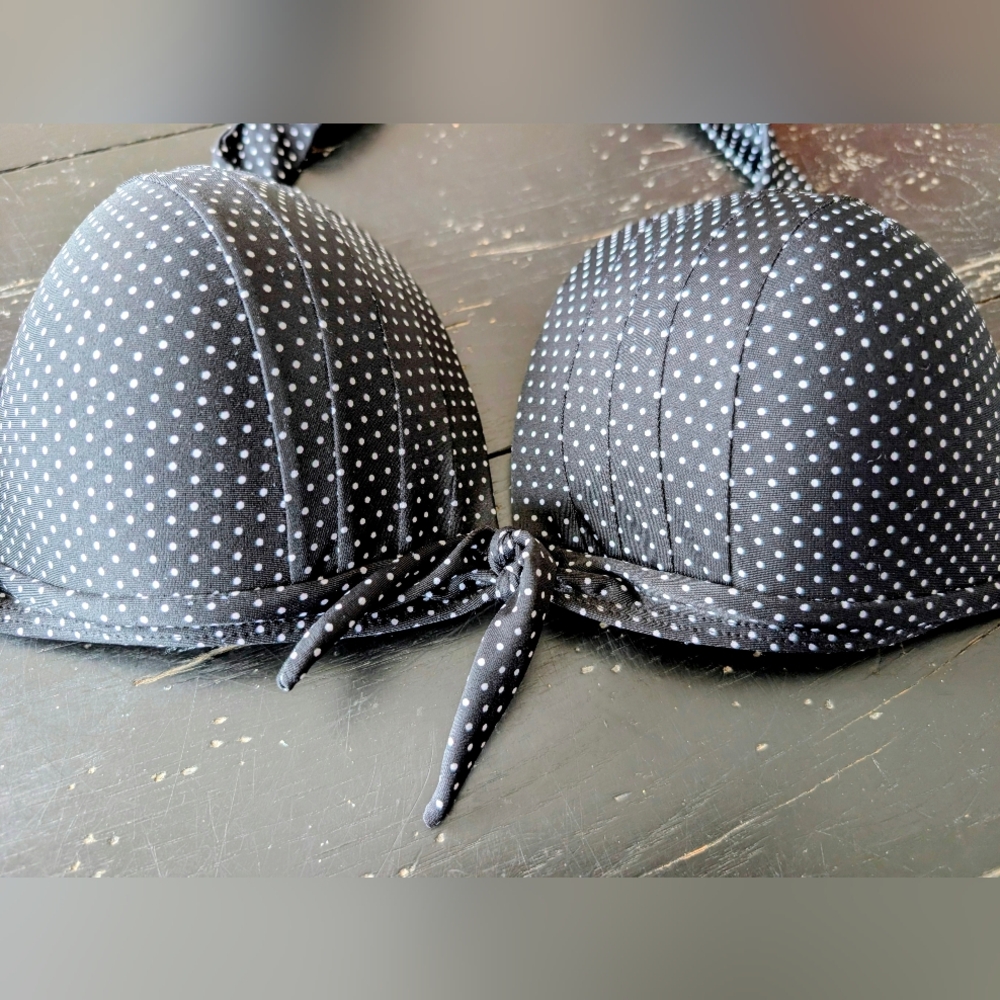 Fitglam Black and White Polka Dot Bikini Halter Tie Top Built-in Cup Wire Sze 14